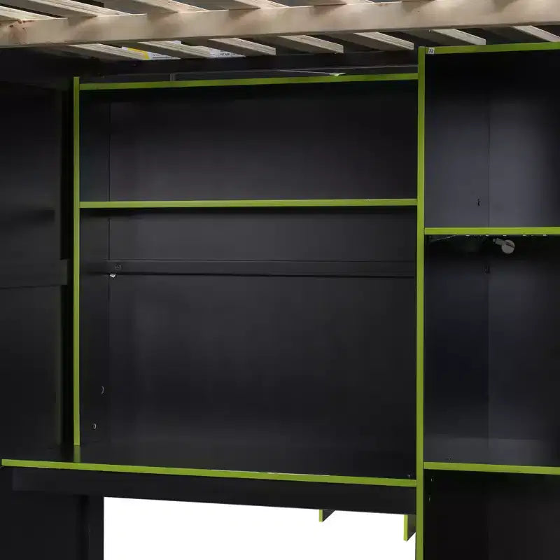 Lit mezzanine GDF Studio Leonard Wood avec bureau, armoire ouverte et lumières RVB