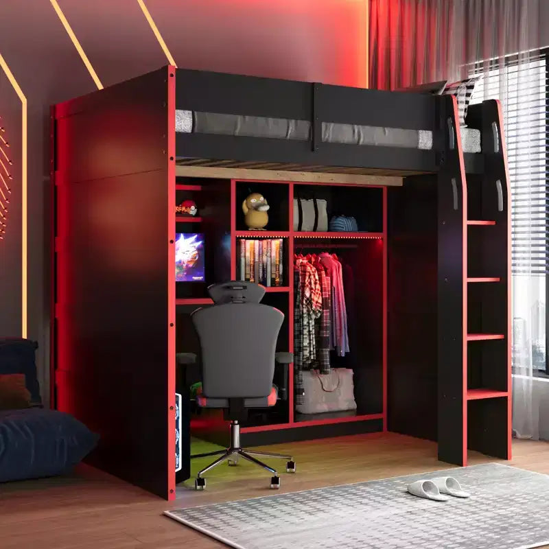Lit mezzanine GDF Studio Leonard Wood avec bureau, armoire ouverte et lumières RVB