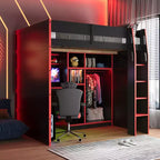 Lit mezzanine GDF Studio Leonard Wood avec bureau, armoire ouverte et lumières RVB
