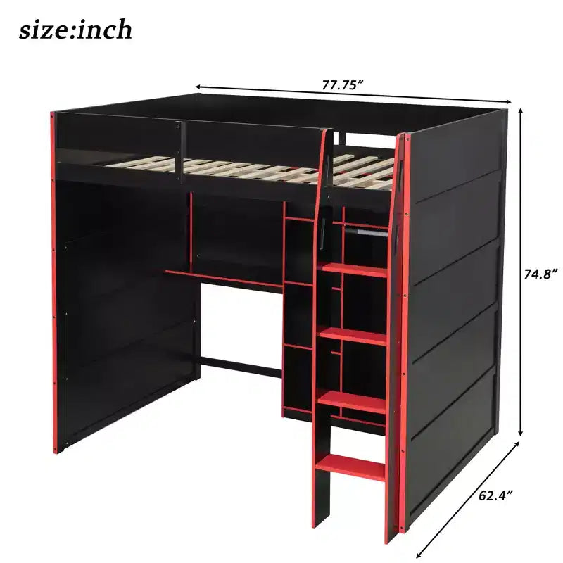 Lit mezzanine GDF Studio Leonard Wood avec bureau, armoire ouverte et lumières RVB