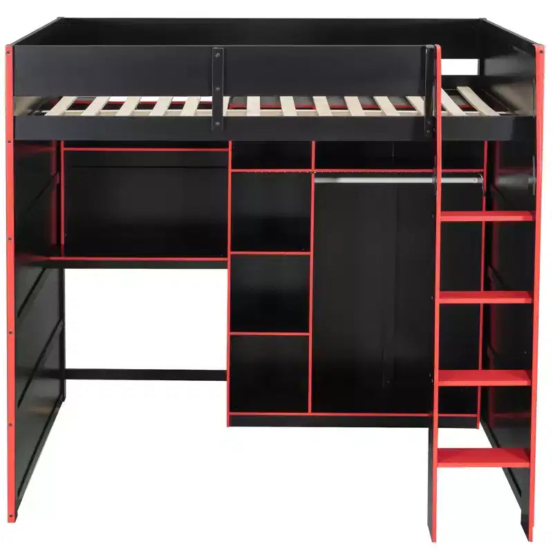 Lit mezzanine GDF Studio Leonard Wood avec bureau, armoire ouverte et lumières RVB