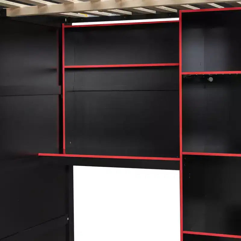 Lit mezzanine GDF Studio Leonard Wood avec bureau, armoire ouverte et lumières RVB