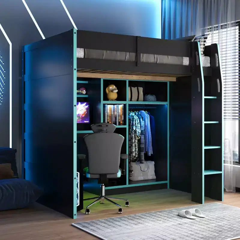 Lit mezzanine GDF Studio Leonard Wood avec bureau, armoire ouverte et lumières RVB