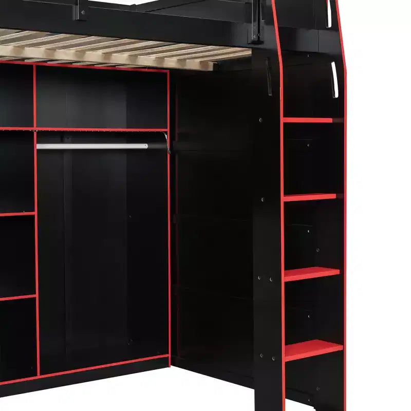 Lit mezzanine GDF Studio Leonard Wood avec bureau, armoire ouverte et lumières RVB