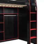 Lit mezzanine GDF Studio Leonard Wood avec bureau, armoire ouverte et lumières RVB