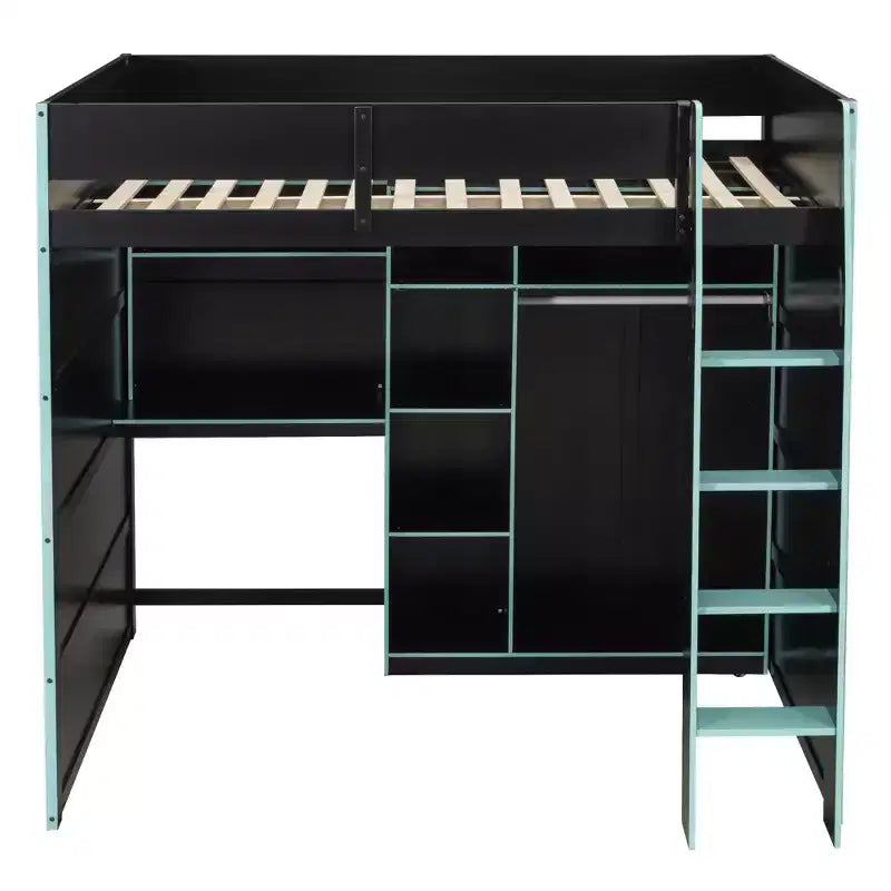 Lit mezzanine GDF Studio Leonard Wood avec bureau, armoire ouverte et lumières RVB