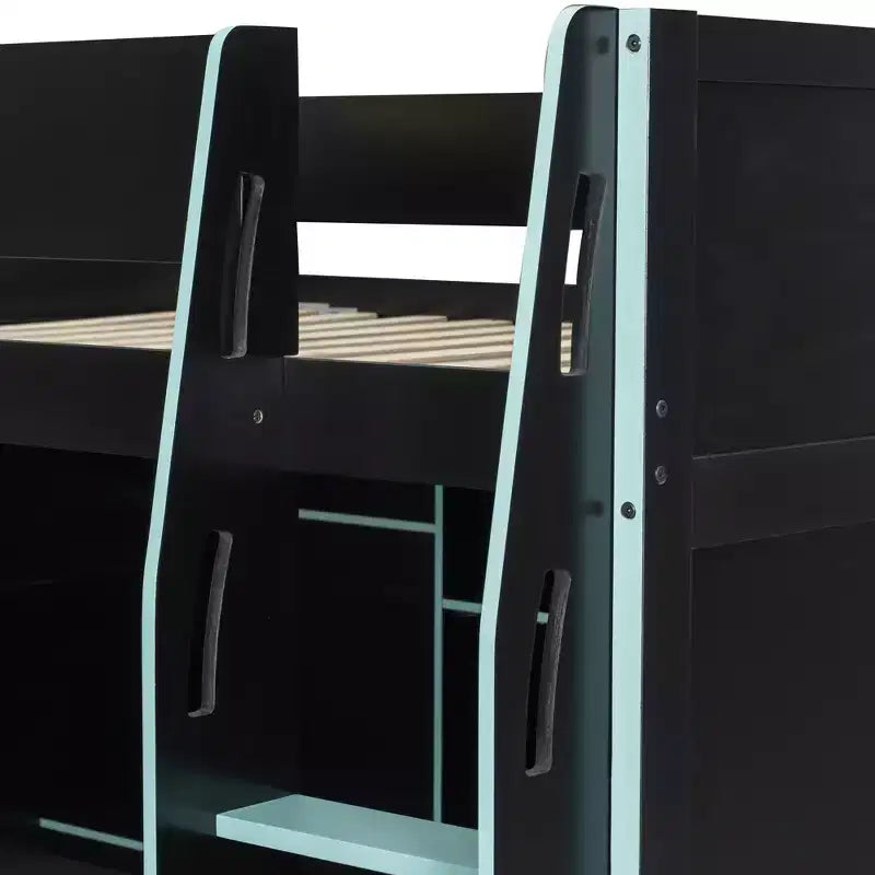 Lit mezzanine GDF Studio Leonard Wood avec bureau, armoire ouverte et lumières RVB