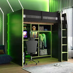 Lit mezzanine GDF Studio Leonard Wood avec bureau, armoire ouverte et lumières RVB
