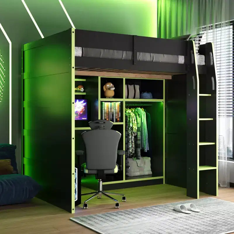 Lit mezzanine GDF Studio Leonard Wood avec bureau, armoire ouverte et lumières RVB