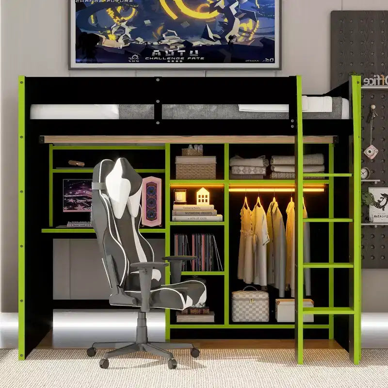 Lit mezzanine GDF Studio Leonard Wood avec bureau, armoire ouverte et lumières RVB