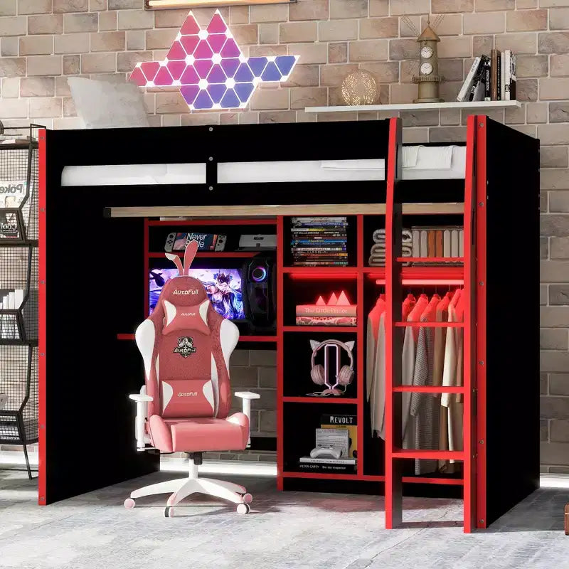 Lit mezzanine GDF Studio Leonard Wood avec bureau, armoire ouverte et lumières RVB