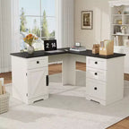 60 Farmhouse L-Shaped Executive Desk  Corner Home Office Desk with File Drawer, Storage Cabinet & Adjustable Shelf