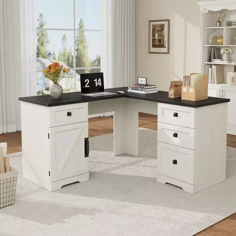 60 Farmhouse L-Shaped Executive Desk  Corner Home Office Desk with File Drawer, Storage Cabinet & Adjustable Shelf