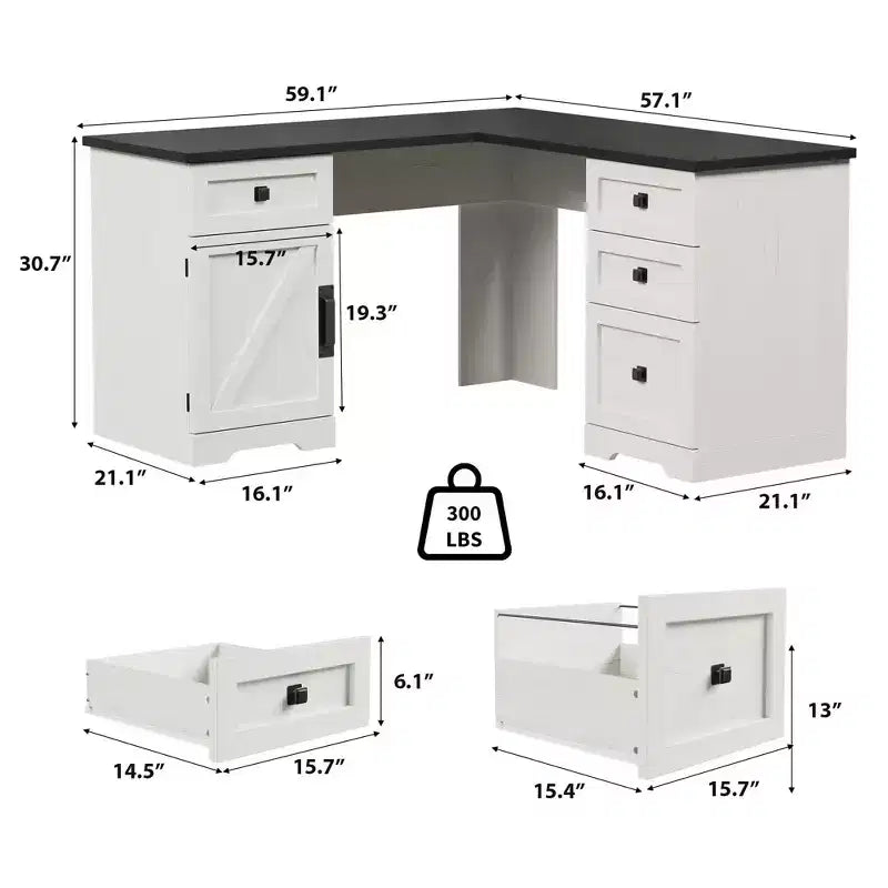 Bureau de direction d'angle en L style ferme de 60 pouces avec tiroir classeur, meuble de rangement et étagère réglable