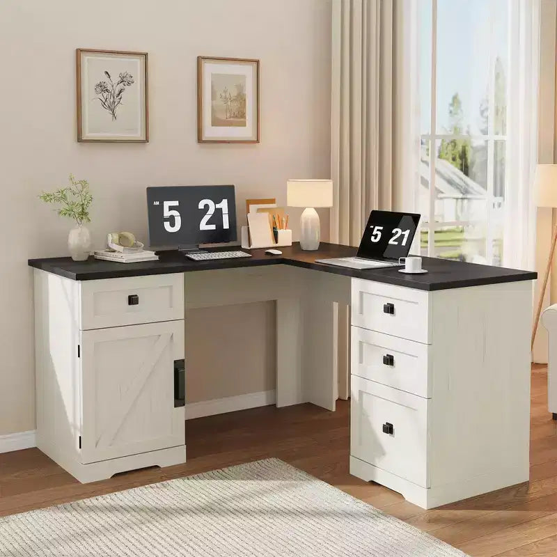 Bureau de direction d'angle en L style ferme de 60 pouces avec tiroir classeur, meuble de rangement et étagère réglable