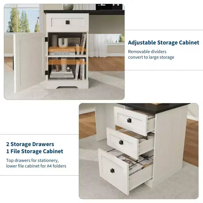 Bureau de direction d'angle en L style ferme de 60 pouces avec tiroir classeur, meuble de rangement et étagère réglable