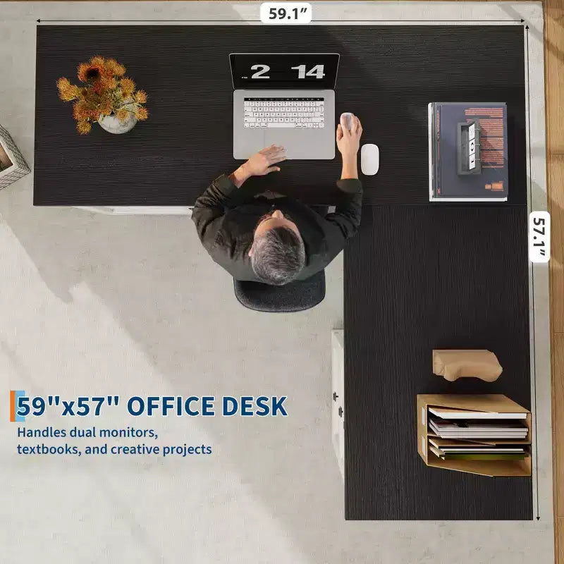 Bureau de direction d'angle en L style ferme de 60 pouces avec tiroir classeur, meuble de rangement et étagère réglable
