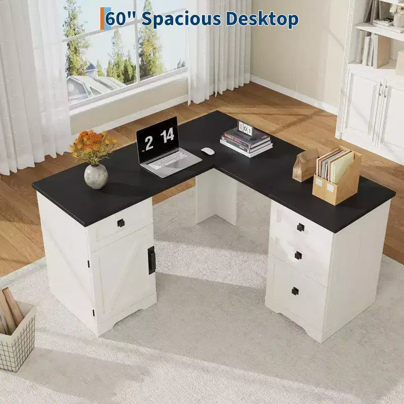 Bureau de direction d'angle en L style ferme de 60 pouces avec tiroir classeur, meuble de rangement et étagère réglable