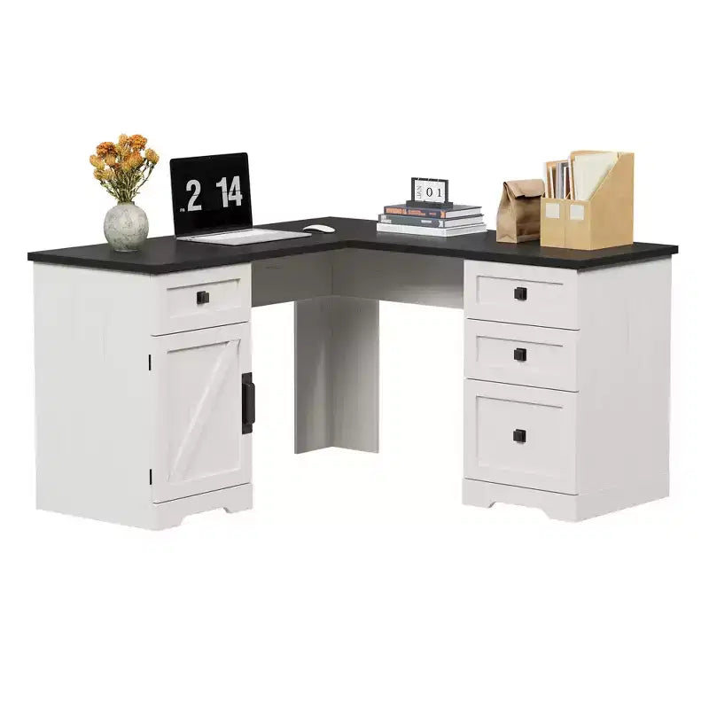 Bureau de direction d'angle en L style ferme de 60 pouces avec tiroir classeur, meuble de rangement et étagère réglable