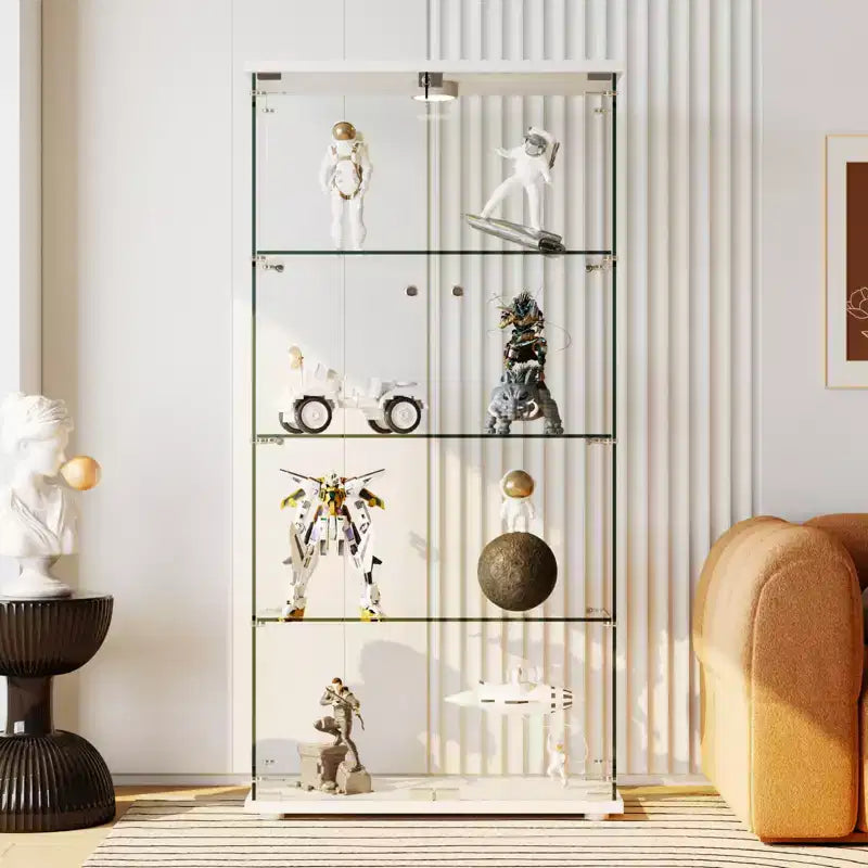 Vitrine d'exposition en verre trempé à 4 niveaux, vitrine entièrement vitrée avec lumières LED et capteur de corps humain, armoire de rangement pour objets de collection et décoration.