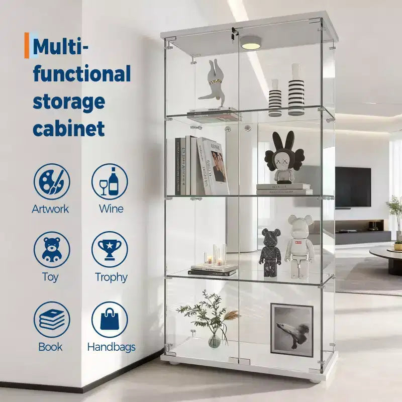 Vitrine d'exposition en verre trempé à 4 niveaux, vitrine entièrement vitrée avec lumières LED et capteur de corps humain, armoire de rangement pour objets de collection et décoration.