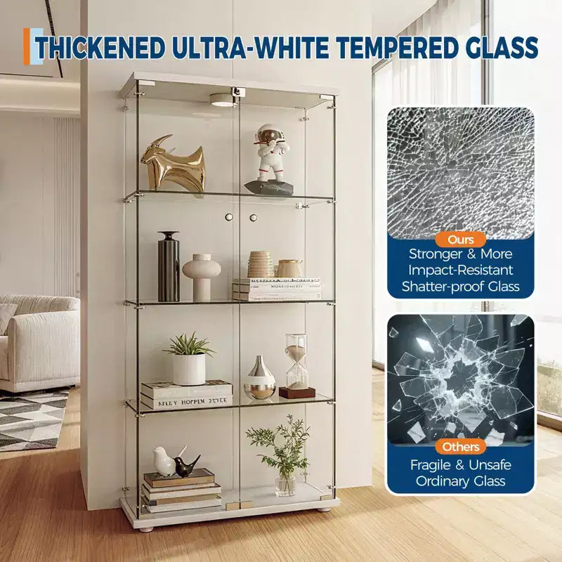 Vitrine d'exposition en verre trempé à 4 niveaux, vitrine entièrement vitrée avec lumières LED et capteur de corps humain, armoire de rangement pour objets de collection et décoration.