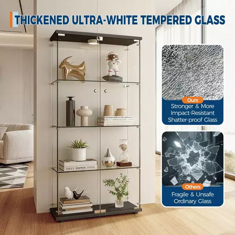 Vitrine d'exposition en verre trempé à 4 niveaux, vitrine entièrement vitrée avec lumières LED et capteur de corps humain, armoire de rangement pour objets de collection et décoration.