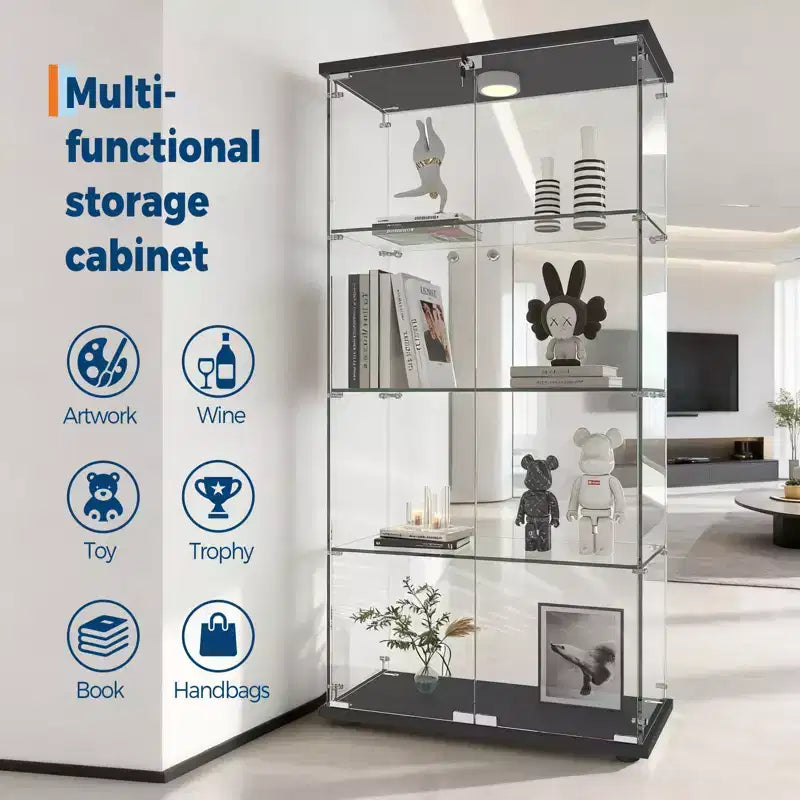 Vitrine d'exposition en verre trempé à 4 niveaux, vitrine entièrement vitrée avec lumières LED et capteur de corps humain, armoire de rangement pour objets de collection et décoration.