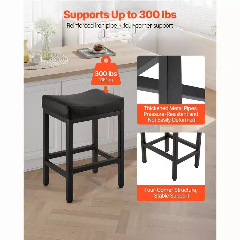 Lot de 2 tabourets de bar hauteur comptoir avec assise en selle et pieds en métal - Noir