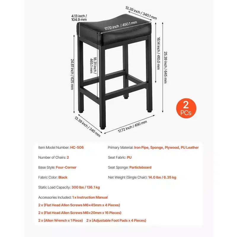 Lot de 2 tabourets de bar hauteur comptoir avec assise en selle et pieds en métal - Noir