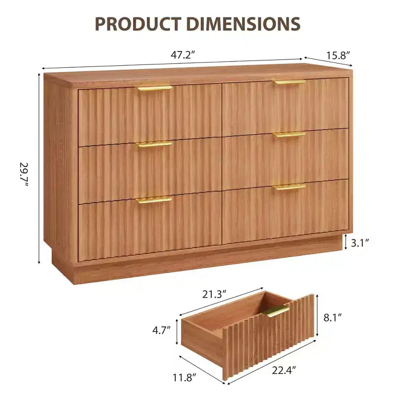 Commode à 6 tiroirs pour chambre à coucher, commode cannelée de 120 cm pour chambre à coucher, commode compacte en bois avec poignées métalliques dorées pour salon