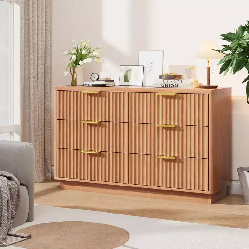 Commode à 6 tiroirs pour chambre à coucher, commode cannelée de 120 cm pour chambre à coucher, commode compacte en bois avec poignées métalliques dorées pour salon