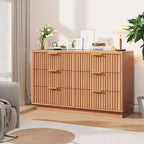 Commode à 6 tiroirs pour chambre à coucher, commode cannelée de 120 cm pour chambre à coucher, commode compacte en bois avec poignées métalliques dorées pour salon