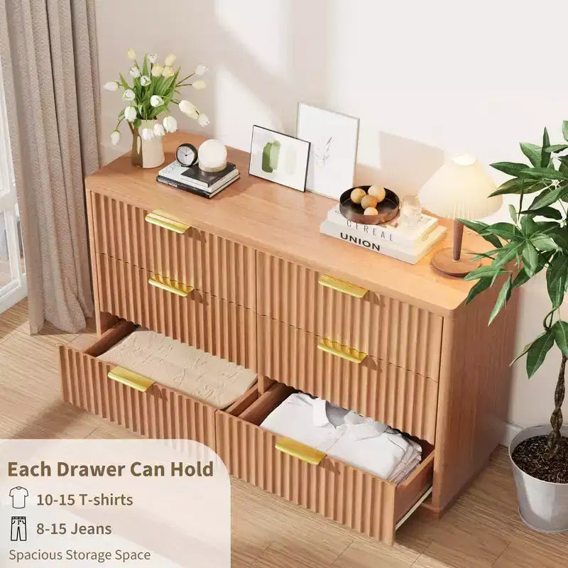 Commode à 6 tiroirs pour chambre à coucher, commode cannelée de 120 cm pour chambre à coucher, commode compacte en bois avec poignées métalliques dorées pour salon