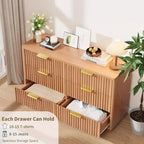 Commode à 6 tiroirs pour chambre à coucher, commode cannelée de 120 cm pour chambre à coucher, commode compacte en bois avec poignées métalliques dorées pour salon