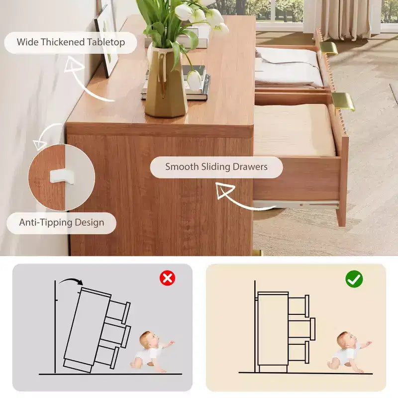 Commode à 6 tiroirs pour chambre à coucher, commode cannelée de 120 cm pour chambre à coucher, commode compacte en bois avec poignées métalliques dorées pour salon