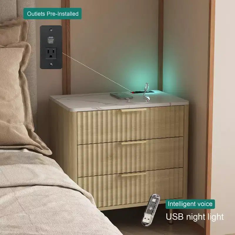 JVNOXK Table de chevet intelligente avec station de recharge et veilleuse de 55,8 cm, Meuble de chevet moderne avec compartiment de rangement, Tons bois