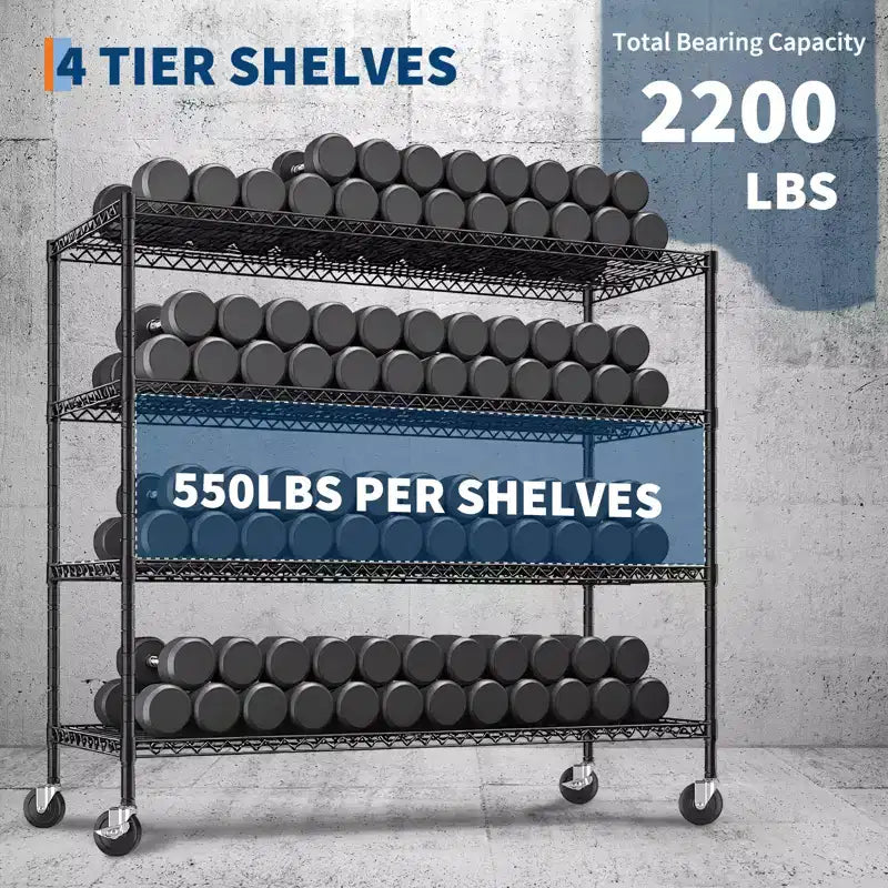 COZONY Étagère métallique à roulettes à 4 niveaux ultra-résistante, capacité de 1000 kg, étagère de rangement réglable en métal pour garage, entrepôt, cellier