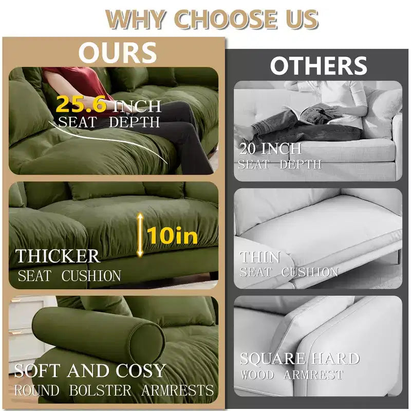 Canapé moderne deux places MAYEERTY avec accoudoirs rembourrés, oreillers lombaires et coussins décoratifs pour salon, couloir, chambre, vert olive