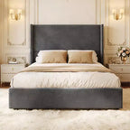 Lit Dyonery en lin naturel, hauteur 140 cm, structure renforcée, convient aux matelas de 20 à 35 cm d'épaisseur, pas besoin de sommier tapissier