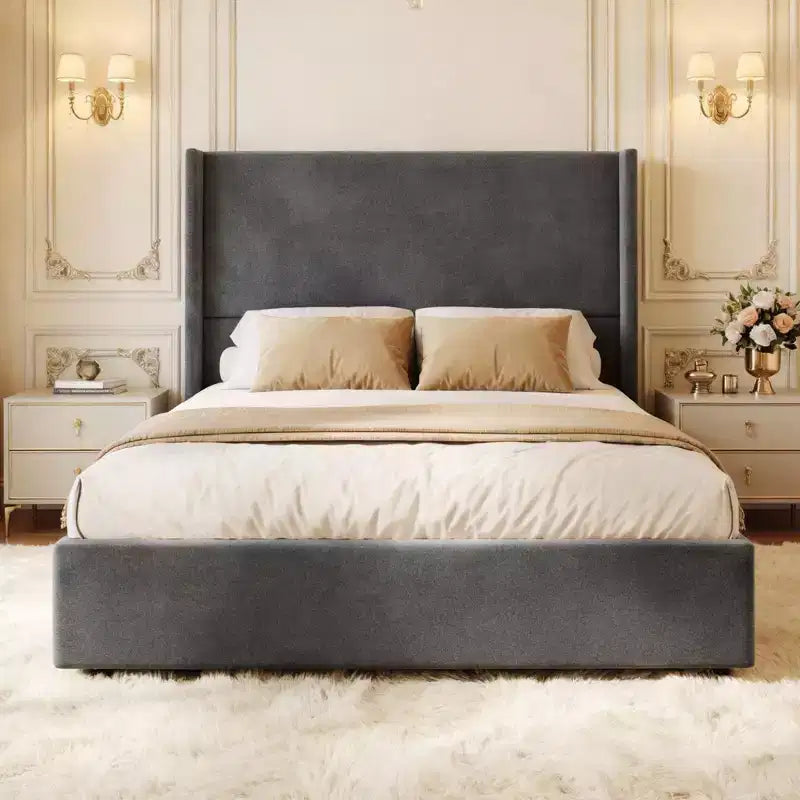 Lit Dyonery en lin naturel, hauteur 140 cm, structure renforcée, convient aux matelas de 20 à 35 cm d'épaisseur, pas besoin de sommier tapissier