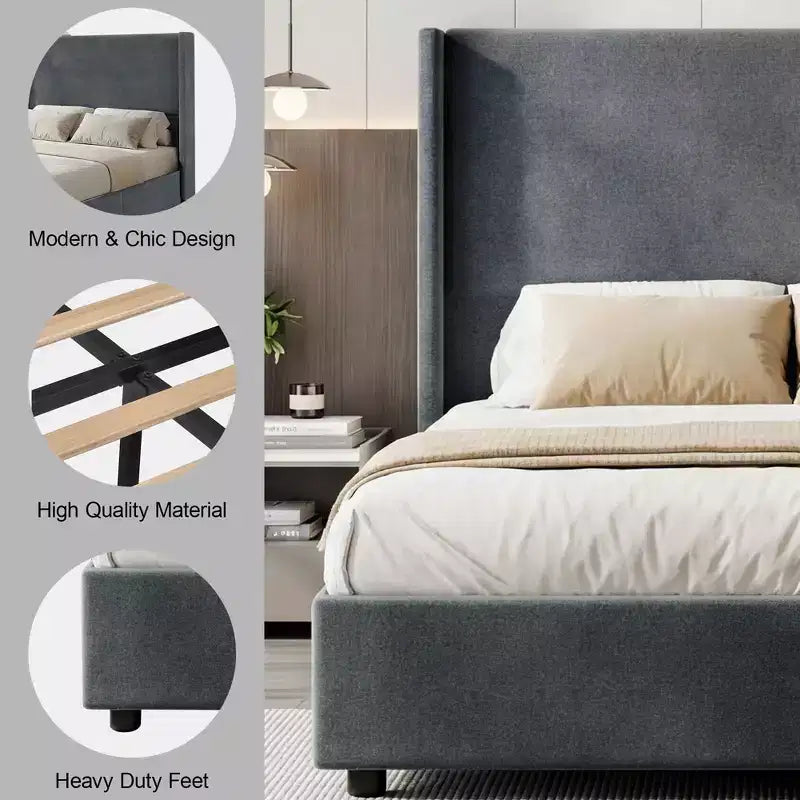 Lit Dyonery en lin naturel, hauteur 140 cm, structure renforcée, convient aux matelas de 20 à 35 cm d'épaisseur, pas besoin de sommier tapissier