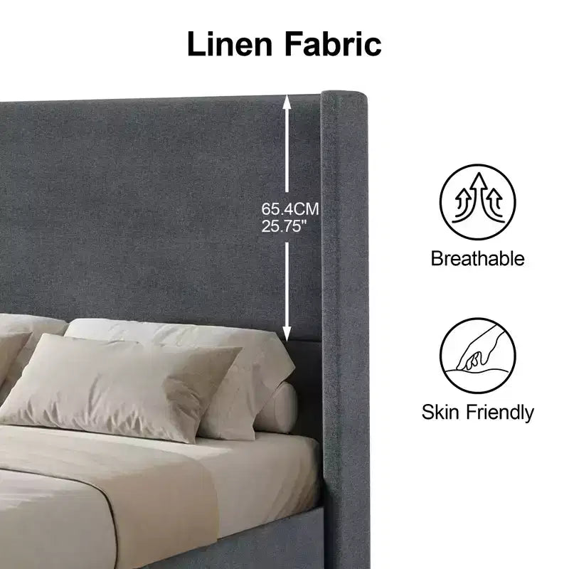 Lit Dyonery en lin naturel, hauteur 140 cm, structure renforcée, convient aux matelas de 20 à 35 cm d'épaisseur, pas besoin de sommier tapissier