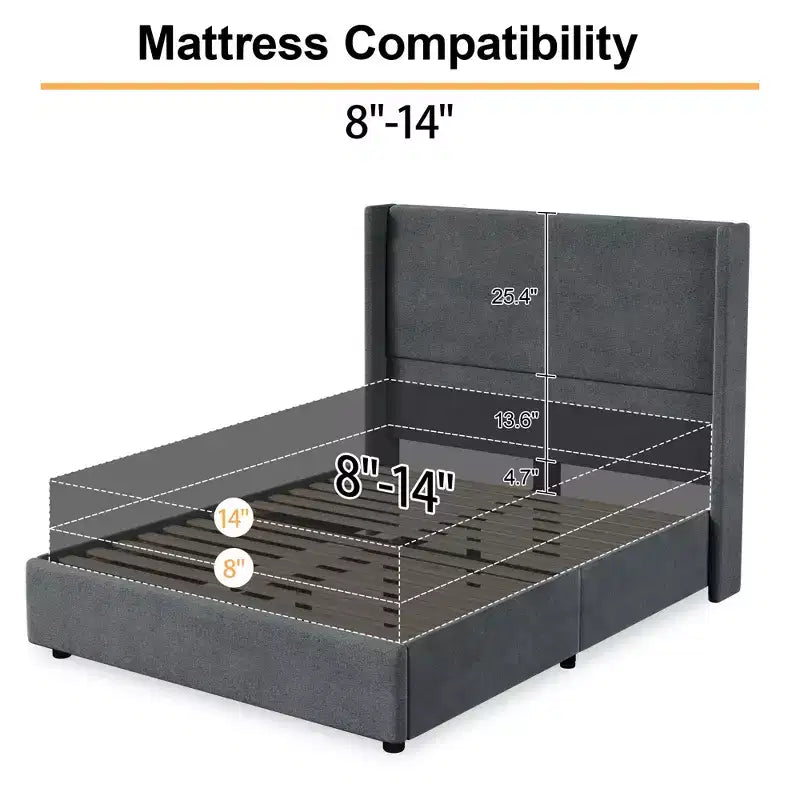 Lit Dyonery en lin naturel, hauteur 140 cm, structure renforcée, convient aux matelas de 20 à 35 cm d'épaisseur, pas besoin de sommier tapissier