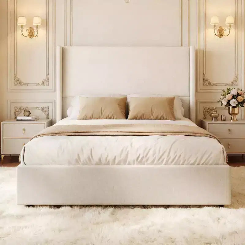 Lit Dyonery en lin naturel, hauteur 140 cm, structure renforcée, convient aux matelas de 20 à 35 cm d'épaisseur, pas besoin de sommier tapissier