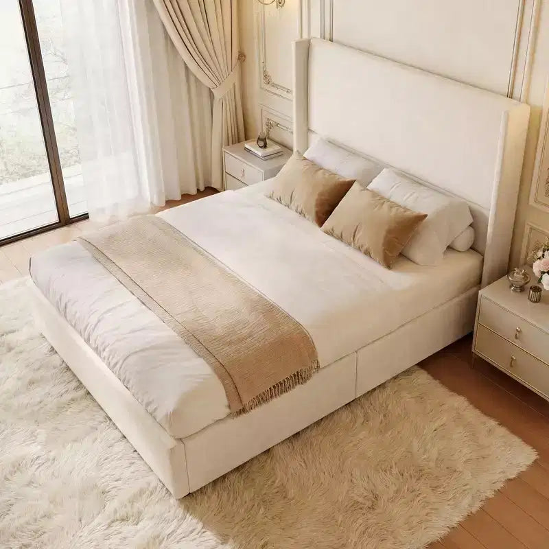 Lit Dyonery en lin naturel, hauteur 140 cm, structure renforcée, convient aux matelas de 20 à 35 cm d'épaisseur, pas besoin de sommier tapissier