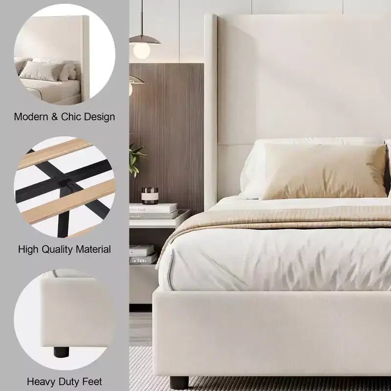 Lit Dyonery en lin naturel, hauteur 140 cm, structure renforcée, convient aux matelas de 20 à 35 cm d'épaisseur, pas besoin de sommier tapissier