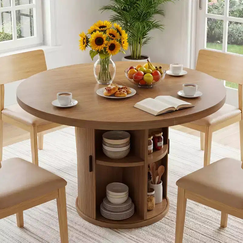 Table de salle à manger circulaire à quatre places Dyonery 35, un modèle moderne avec espace de rangement à double couche et portes coulissantes