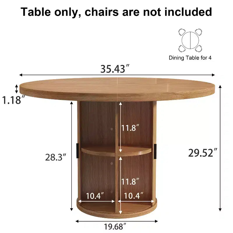 Table de salle à manger circulaire à quatre places Dyonery 35, un modèle moderne avec espace de rangement à double couche et portes coulissantes