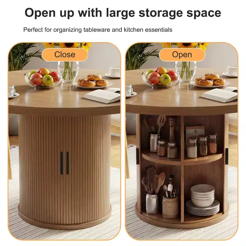 Table de salle à manger circulaire à quatre places Dyonery 35, un modèle moderne avec espace de rangement à double couche et portes coulissantes